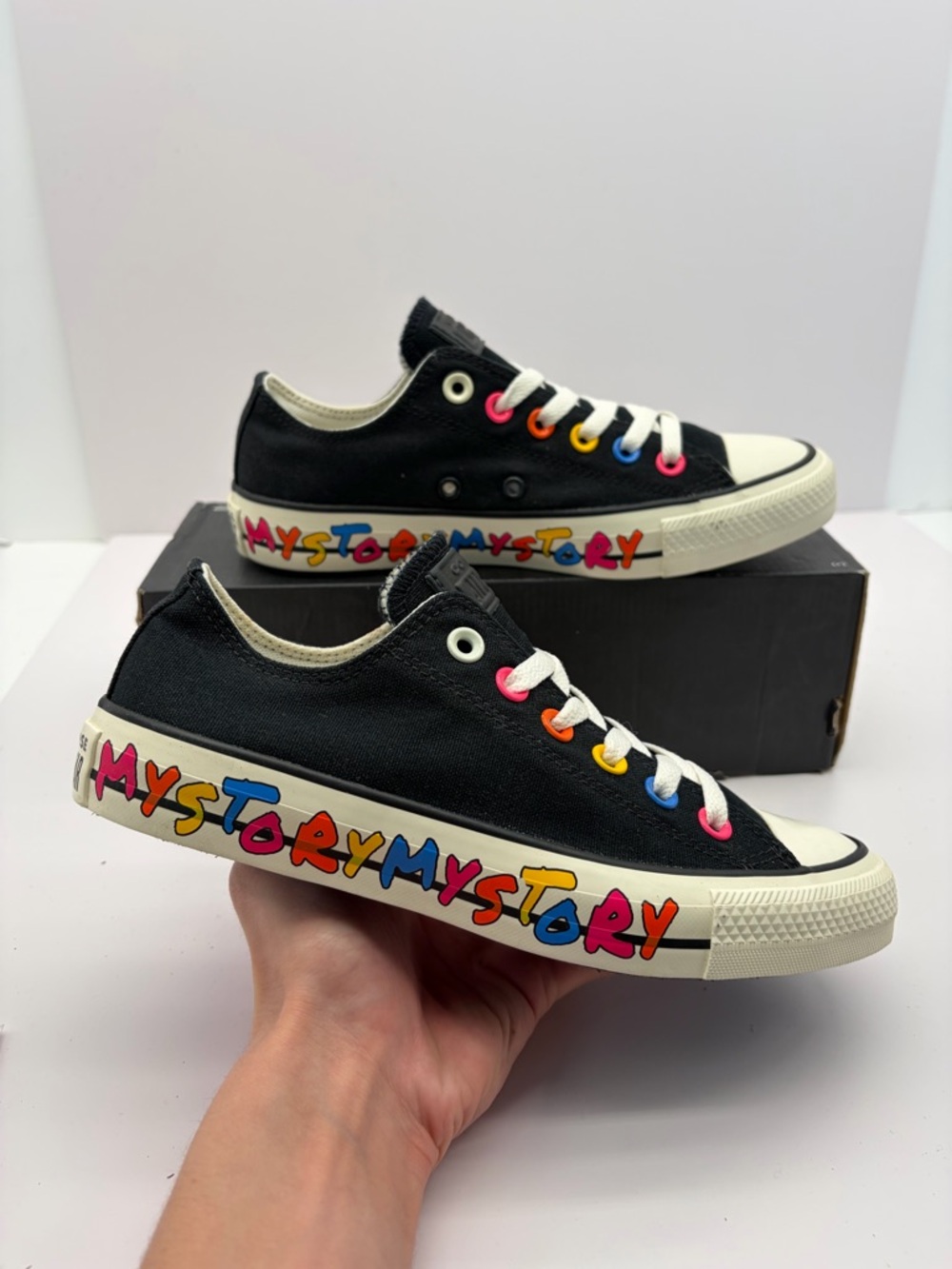 Kids Black Canvas Low-Top Sneakers with Multicolor Eyelets